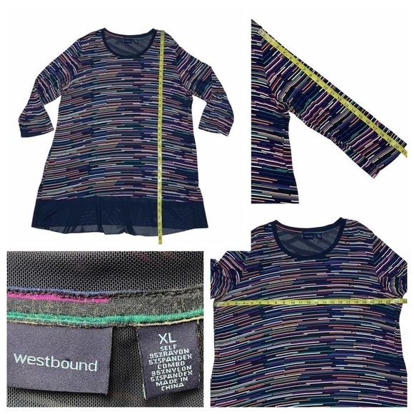 WESTBOUND Black Rainbow Striped Long Sleeve Sheer Trim Tunic Blouse - Picture 10 of 11